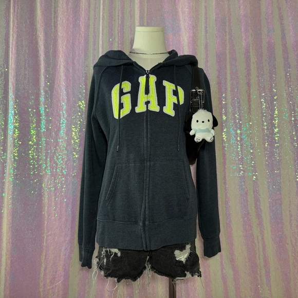 y2k navy & neon green gap zip-up hoodie - Picture 1 of 8